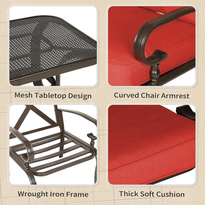 4Pcs Metal Outdoor Furniture Patio Conversation Set (Loveseat and Coffee Table, 2 Dining Chair) -Wrought Iron Patio Chair Set with Cushions (Red)6