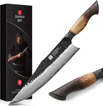 10 Inch Professional Chef Knife,67 Layers 10Cr15Comov High Carbon Damascus Steel Knife for Kitchen,Very Sharp，White Oak + Red G10 Gasket Handle1