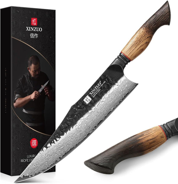 10 Inch Professional Chef Knife,67 Layers 10Cr15Comov High Carbon Damascus Steel Knife for Kitchen,Very Sharp，White Oak + Red G10 Gasket Handle1
