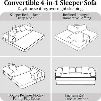 59'' Convertible Compressed Corduroy Folding Cloud Sofa Bed, Modern Boneless Pull Out Loveseat Sleeper in a Box, 4 in 1 Floor Mattress Futon Cloud Couch, No Assembly Needed, Green, 2 Pillows, Queen7