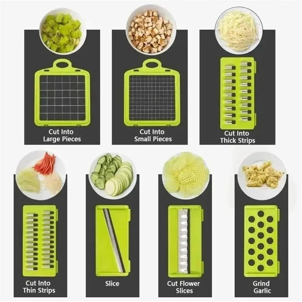Kitchen Vegetable Cutter with Interchangeable Blades Carrot Grater Potato Peeler Slicer Tool with Storage Container Green3