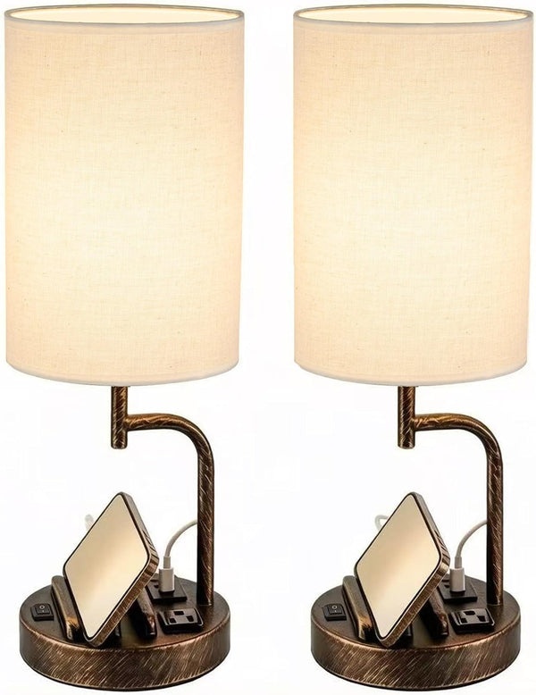 2 Pack Table Lamp, Bedside Lamp with 3 USB Charging Ports & AC Outlet, USB Desk Lamp with 2 Phone Holders, Linen Fabric Shade Nightstand Lamps for Bedroom Living Room Office, Antique Brass1
