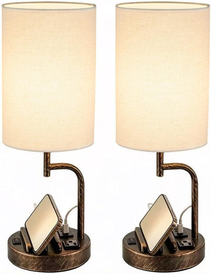 2 Pack Table Lamp, Bedside Lamp with 3 USB Charging Ports & AC Outlet, USB Desk Lamp with 2 Phone Holders, Linen Fabric Shade Nightstand Lamps for Bedroom Living Room Office, Antique Brass1