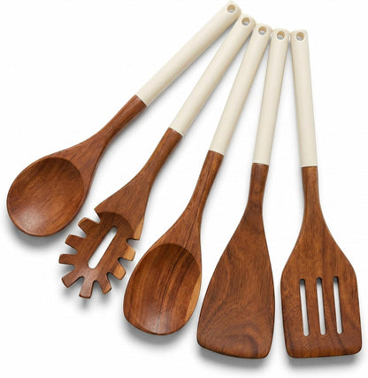 DI ORO Wooden Kitchen Utensil Set - 5 Pc Spoon & Spatula, Cream1