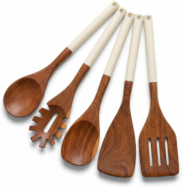 DI ORO Wooden Kitchen Utensil Set - 5 Pc Spoon & Spatula, Cream1