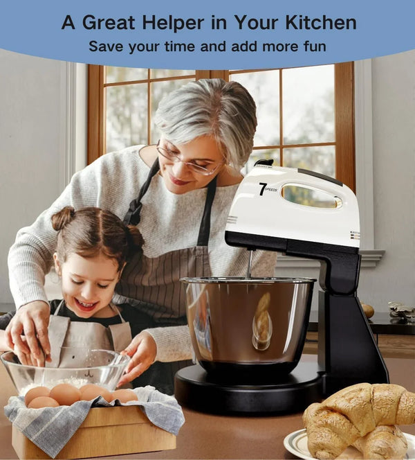 Stand Mixers, 7 Speeds with 3QT Stainless Steel Bowl, Stand and Hand Mixer with Dough Hook, Whisk, Mixing Beater for Baking, Cake, Cookie, Kneading (Black)6