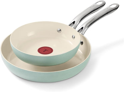 Inspire Ceramic Nonstick Frying Pan 2-Pc Set, 8" & 10", Oven Broiler Safe up to 50°F Cookware, Ceramic Frying Pan Skillet, Pots & Pans, Mint Green1