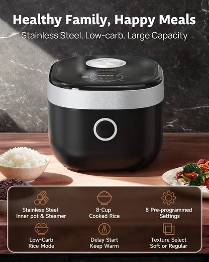 Low Carb Low Sugar Rice Cooker Stainless Steel Inner Pot,Black | 8 Cup Uncooked,Pfas-Free Dishwasher Safe,8 Cooking Functions,Digital Steamer,24H Timer,Auto Keep Warm6