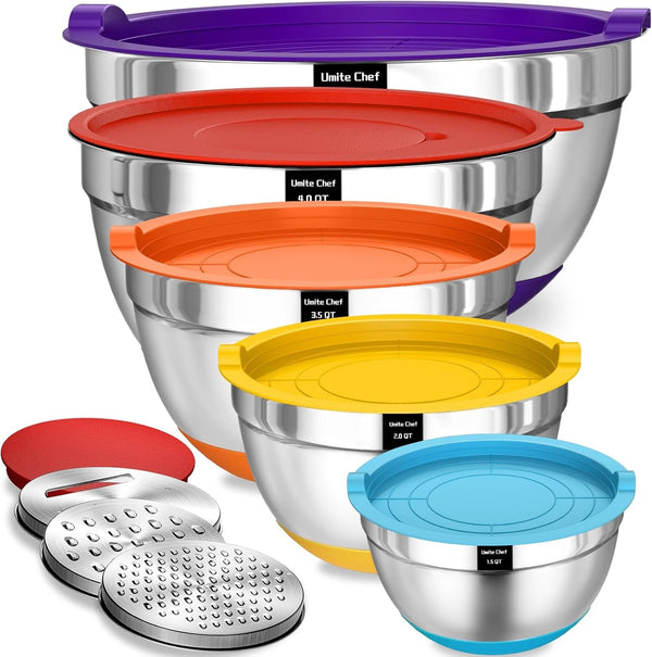 Mixing Bowls with Airtight Lids Set, 8PCS Stainless Steel Nesting Bowls Set, 3 Grater Attachments & Non-Slip Bottoms, Size 5, 4, 3.5, 2, 1.5QT for Baking & Mixing(Colorful)1