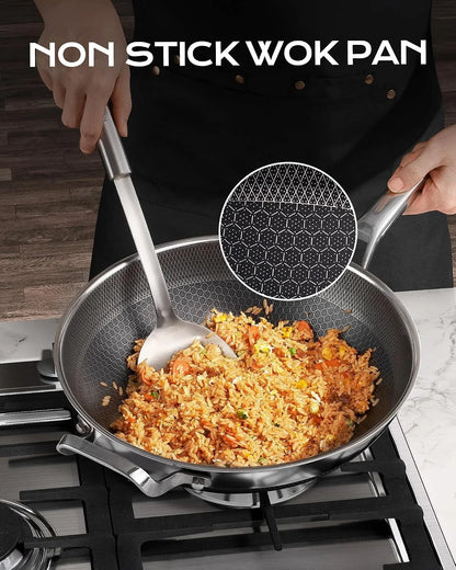 Wok Pan,12 Inch Hybrid Wok with Lid,Pfoa Free Cookware,Non Stick Stainless Steel Woks & Stir-Fry Pans Nonstick, Dishwasher and Oven Safe, Works on Induction2