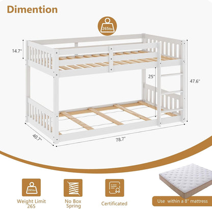Solid Wood Low Twin over Twin Bunk Bed for Kids/Junior, Bunk Bed Frame with Guardrails & Ladder for Boys Girls, No Box Spring Needed (White)2