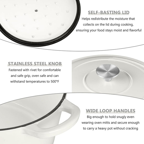 6 Quart Dutch Oven, Enameled Cast Iron Dutch Oven Pot with Lid, Nonstick round Cookware for Braising/Stews/Roasting/Bread Baking/Cooking, Heavy Duty, Induction & Oven Safe - White7