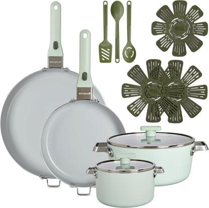 Ceramic Cookware Set with Removable Handles, Sage Green | Set Includes 2-Qt Saucepan, 9.5 & 12-In. Fry Pans, 4-Qt Dutch Oven, 2 Lids & 2 Removable Handles; Induction & Oven Safe1