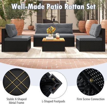 5 Pieces Wicker Patio Furniture Set, Outdoor 4 Armless Rattan Sofa & Coffee Table Set, with Cushions, Acacia Wood Tabletop, Sectional Patio Conversation Set for Lawn, Yard, Poolside, Grey7