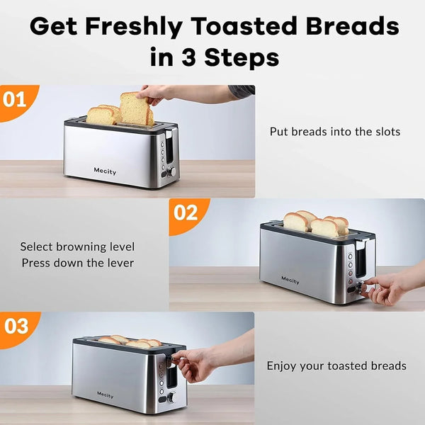 4 Slice Toaster, Long Slot Toaster with Countdown Timer, Bagel/Defrost/Reheat/Cancel Functions,Warming Rack, Removable Tray, 6 Browning Settings, Extra Wide Slots, Stainless Steel, 1300W6