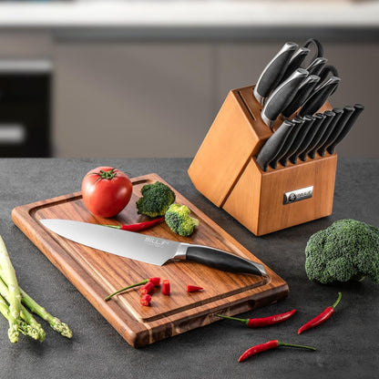Wood Kitchen Set Knife Set for Kitchen with Block Stainless Steel Knives 17 Pcs and Cutting Board with Groove,Black Handles and Sharp Stainless Steel Professional Chef Knife Set5