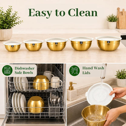 5-Piece Gold Stainless Steel Mixing Bowls with White Lids, Nesting Mixing Bowl Set in 1.5, 2.1, 3.5, 4 and 4.5 QT Sizes for Baking, Cooking, Meal Prep, Salad, Everyday Kitchen Use and Food Prep6