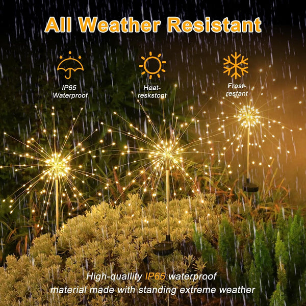 Solar Garden Firework Lights Outdoor Waterproof, 4 Pack Solar Lighting with 8 Lighting Modes, 120 LED Sparklers String Lights for outside Decor Yard Pathway Decorations(Warm)4