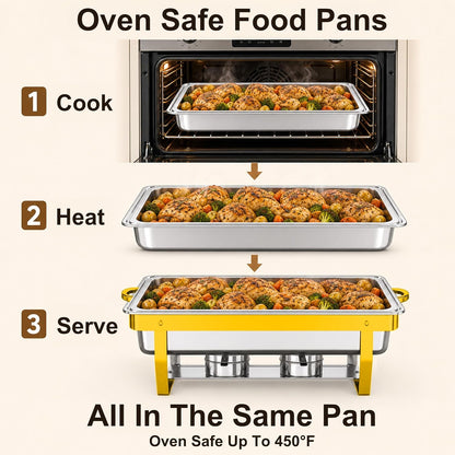 4Pack Rectangular Chafing Dishes for Buffet,Total 36QT Set with 7 Food Pans | Versatile 7 Pan Setup ,450°F Oven-Safe Pans,Hot Cold Food Service,Bonus Tongs,Easy Assembly Storage,Elegant Gold Finish3