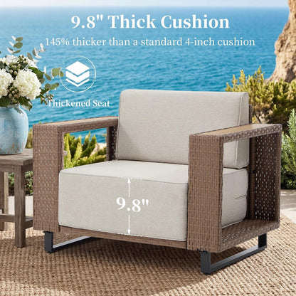 4 Piece Patio Furniture Set, 360° Swivel Wicker Chairs Set of 2 with Rattan Side Table and Loveseat Couch, Outdoor Patio Furniture with Extra-Thick Soft Cushions for Porch, Garden Poolside4