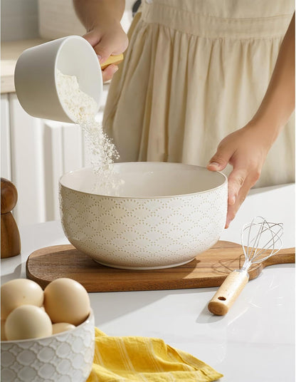 Mikiegy Ceramic Mixing Bowls Set of 4, Nesting Ceramic Embossment Stoneware Mixing Bowls for Cooking, Serving, Popcorn, Salad Etc, Microwave & Dishwasher Safe, 20/44/98/145 Oz, Off-White6