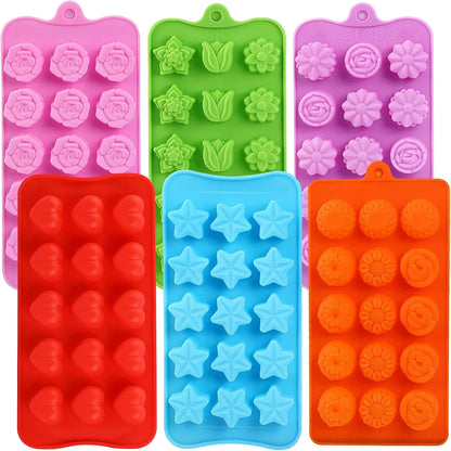 Flower Shape Chocolate Candy Molds Set,Heart,The Stars,The Rose,Flowers in Combination,15 Cavity Silicone Baking Mold Ice Cube Tray-Wedding,Festival,Parties and DIY Crafts-(6Pcs)1