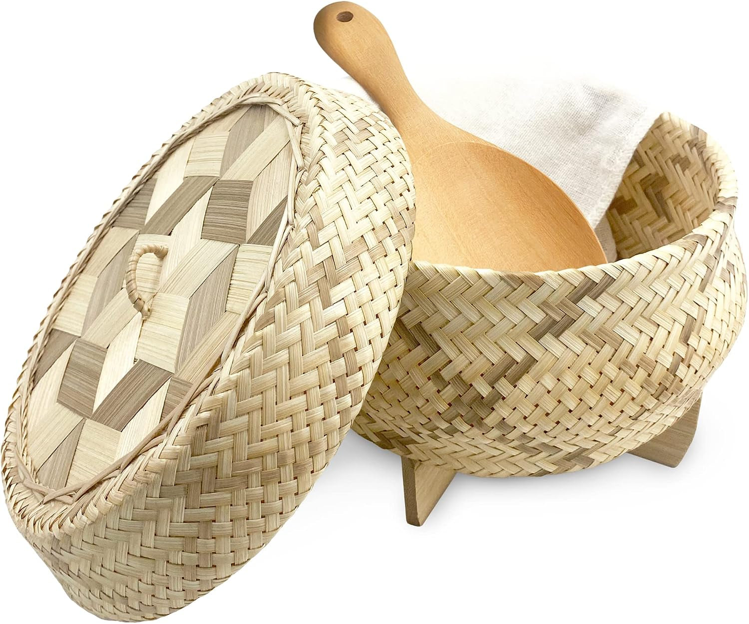 handmade-100-natural-thai-bamboo-sticky-rice-electric-cooker-steamer-set-small-pot-insert-6-5-inch-checkered-wicker-woven-lid-16-cheesecloth-filter-and-wooden-spoon