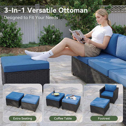 Patio Furniture Set with Fire Pit Table, 6 Piece Outdoor Furniture Set with Wicker Ottomans, Rattan Outdoor Sectional Sofa with Thickened Cushion & Waterproof Cover Navy Blue4
