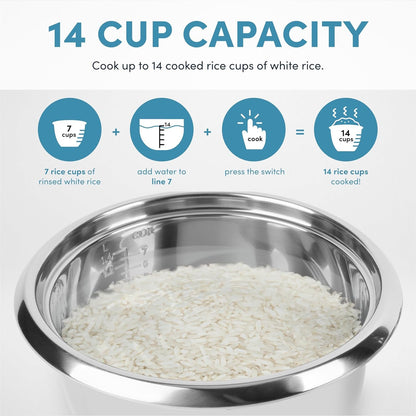 Housewares 14-Cup (Cooked) / 3Qt. Select Stainless Pot-Style Rice Cooker, & Food Steamer, One-Touch Operation, Automatic Keep Warm Mode, White (ARC-757-1SG)5