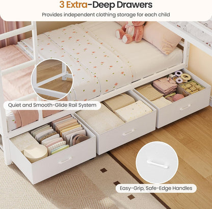 Triple Bunk Bed Twin over Twin with 9 Storage Drawers and LED Lights, White5