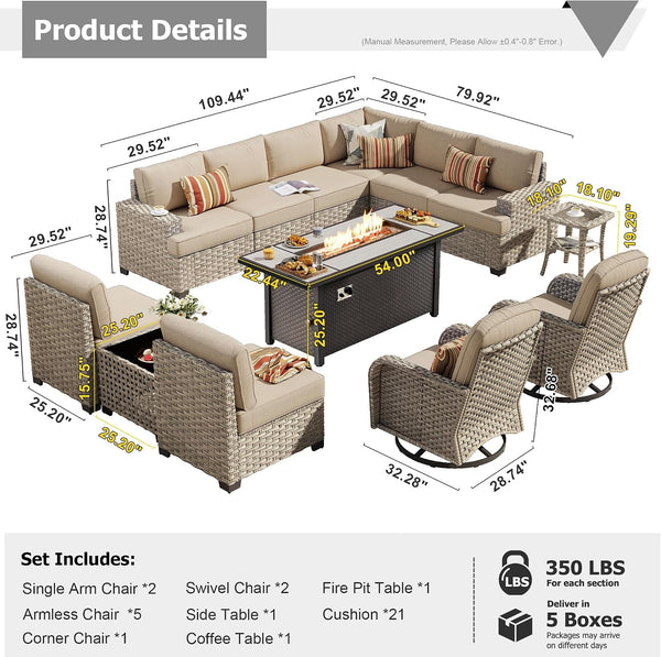 Outdoor Sectional Patio Furniture Set with Fire Pit Table,13 Pieces Wicker Conversation Sets L Shaped Couch,Extra Deep Out Door Sofa outside Furniture with Swivel Rocking Chair,Beige7