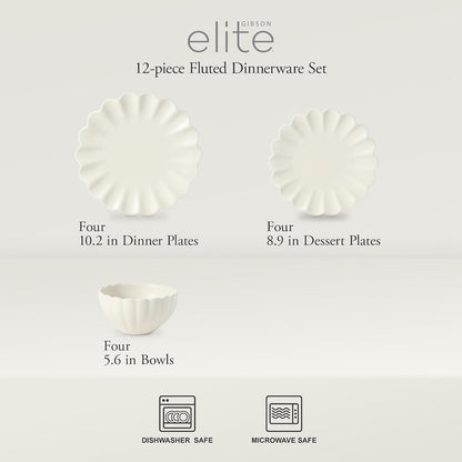 Bistro Fleur Plates and Bowls Sets, 12-Piece Stoneware Dinnerware Set for 4, Ivory White Scalloped Dish Set with Dinner Plates, Salad Plates & Bowls2