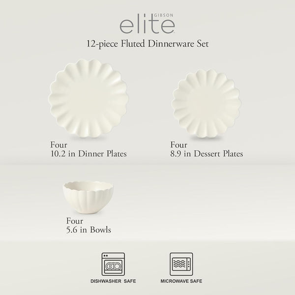 Bistro Fleur Plates and Bowls Sets, 12-Piece Stoneware Dinnerware Set for 4, Ivory White Scalloped Dish Set with Dinner Plates, Salad Plates & Bowls2