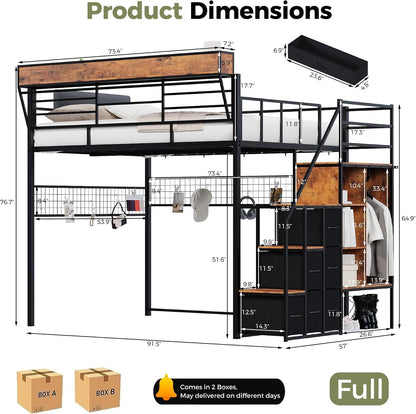 Full Loft Bed with Stairs, Storage, Headboard and LED Light (Black)2