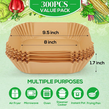 8In Square Disposable Air Fryer Liners, 300PCS Parchment Paper | Air Fryer Paper Liners Compatible with Ninja AF141 5 QT Pro AF181 6.5QT, Cosori Chefman 6 QT & Other 5 to 8Qt Airfryer2