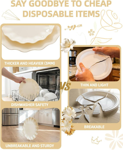 LIYH 24 Pcs Plastic Plates Reusable,Unbreakable Dinner Plates, Scalloped Plastic Plates, Dishwasher Safe,Ivory Plate Sets Perfect for Parties, Birthday, Picnics, BPA Free(12Guests)8