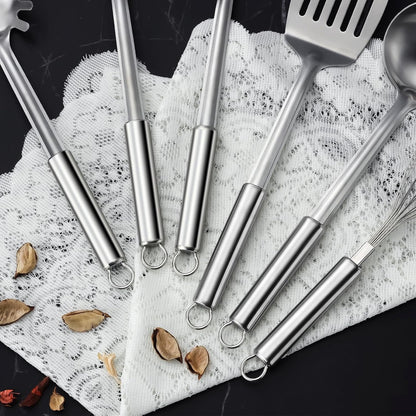 6-Piece Kitchen Cooking Utensils Set, Stainless Steel Kitchen Utensils with Suspendable Handle, Spatula, Slotted Turner, Soup Ladle, Slotted Spoon, Whisk, Pasta Server, Dishwasher Safe6
