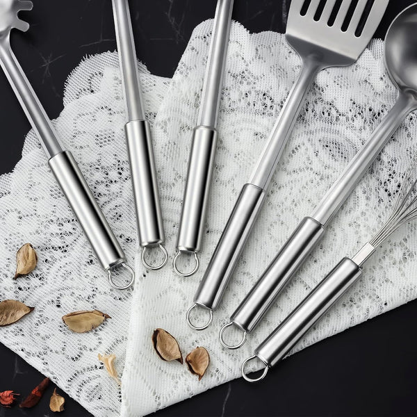 6-Piece Kitchen Cooking Utensils Set, Stainless Steel Kitchen Utensils with Suspendable Handle, Spatula, Slotted Turner, Soup Ladle, Slotted Spoon, Whisk, Pasta Server, Dishwasher Safe6