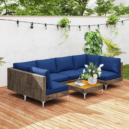 7 Piece Wicker Patio Furniture Set Modular Rattan Brown/Dark Blue9