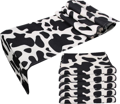 5 Pcs Linen Cow Print Table Runner Black and White Farm Cow Print Tablecloth Western Barnyard Cowboy Themed Table Cloths for Birthday Party Decorations Home Kitchen Supplies ( 13 X 72 In)1