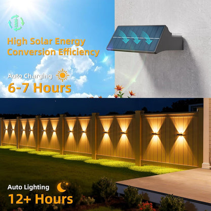 Solar Fence Lights Outdoor, 12 Pack up and down Waterproof Solar Wall Lights, Warm & Cool White + RGB, Fence Lights with Lens, Dusk to Dawn Lighting for Patio, Backyard, Pool, Railing (Black)6