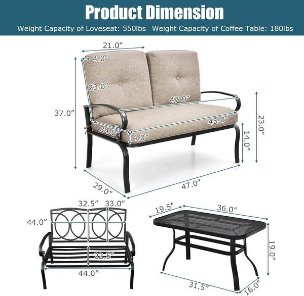 Patio Loveseat with Table Set, 2 Seat Cushioned Sofa with Coffee Table, Patio Conversation Sofa Set with Rustproof Frame, 2 Pieces Outdoor Furniture Set for Garden, Poolside, Balcony (Beige)4