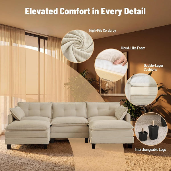 111.5" U Shaped Modular Sectional Sofa, Beige Corduroy3