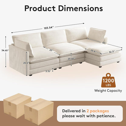 104'' Modular Sectional Cloud Couch with Movable Ottoman, 4 Seat Modern Corduroy Sofa, Deep Seat L Shaped Couch for Living Room Bedroom Apartment, Beige3