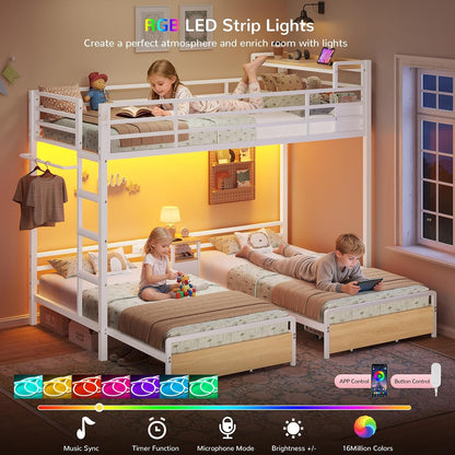 Triple Bunk Bed with Storage Drawers and Bedside Shelf, Twin over Twin Bunk Bed for Kids/Teens with LED Lights and Charging Station, Heavy Duty Metal Bunk Beds with Safety Guardrail and Ladder, White7