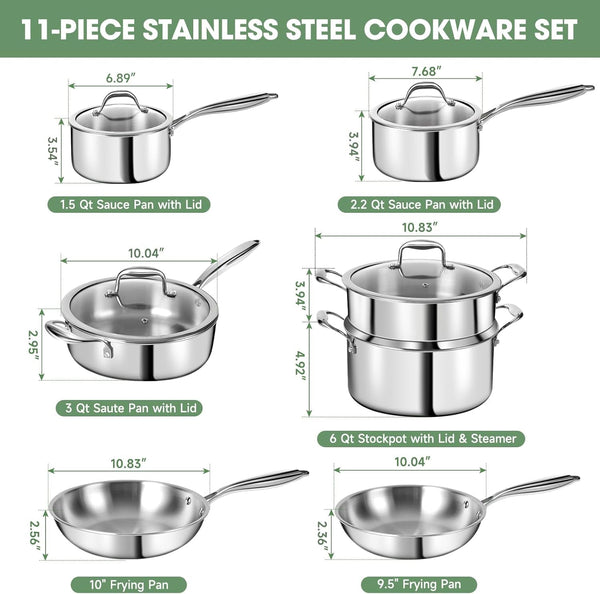 3 Ply Stainless Steel 11-Piece Cookware Set with Lids, Pots and Pans Kitchen Set, Non-Toxic, Induction, Oven, Dishwasher Safe, Professional Chef Quality2