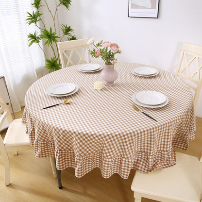 Taupe White Gingham Tablecloth round Dia.70“3