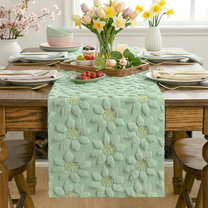 Green Soft Plush Faux Fur Jacquard Embroidery Sunflower Spring Table Runner, Kitchen Dining Table Decoration for Home Party Decor 13X90 Inch2