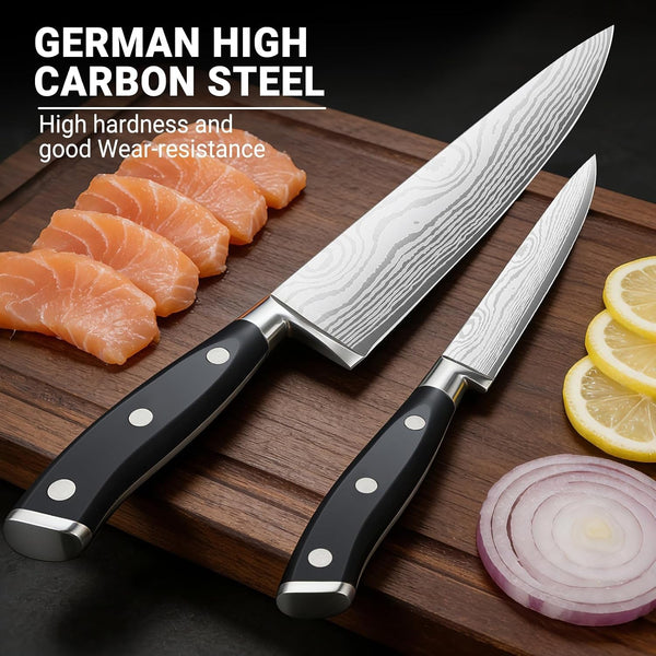 2PCS Chef Knife Set, Razor Sharp Japanese Kitchen Knife Set, High Carbon Steel Damascus Pattern Chef'S Knives, Cooking Knife with Full Tang Handle Design for Home Kitchen6