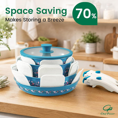 Ceramic Cookware Set Non Toxic with Detachable Handles, Healthy Nonstick Decal Pans and Pots Set 14 Pcs, Induction Dishwasher Oven Safe Kitchen Set, Turquoise with Bougainvillea4